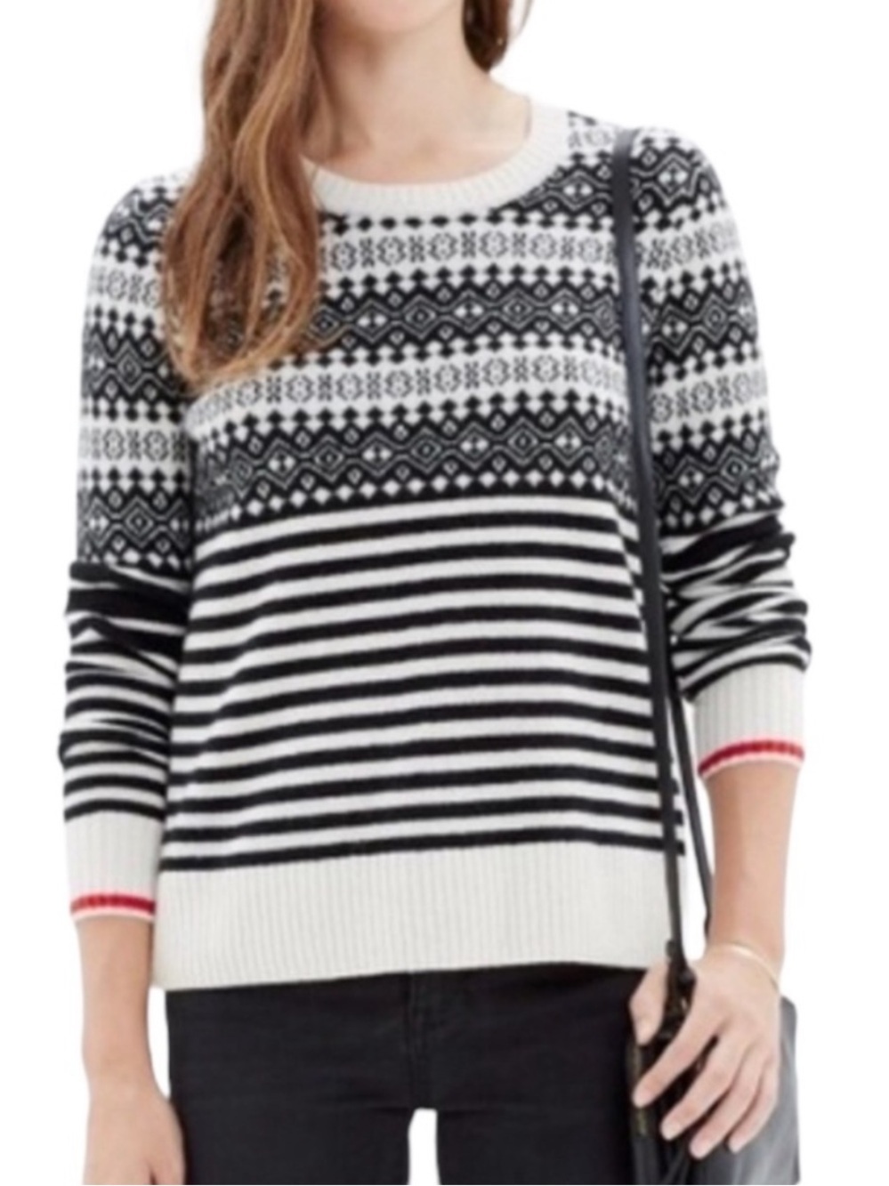 Madewell Black, White & Red Trim Fair Isle Crewneck Sweater